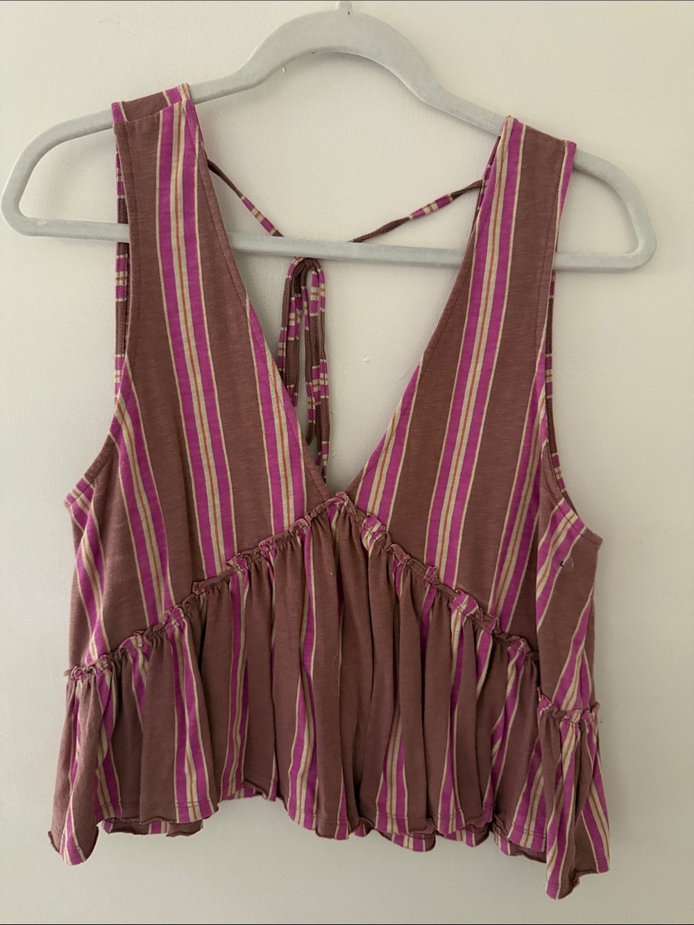 American Eagle Outfitters Mauve and Pink Striped Ruffle Crop Top
